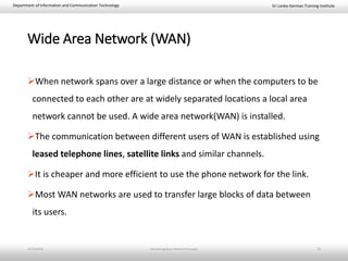 Sri Lanka-German Training InstituteDepartment of Information and Communication Technology
Wide Area Network (WAN)
When network spans over a large distance or when the computers to be
connected to each other are at widely separated locations a local area
network cannot be used. A wide area network(WAN) is installed.
The communication between different users of WAN is established using
leased telephone lines, satellite links and similar channels.
It is cheaper and more efficient to use the phone network for the link.
Most WAN networks are used to transfer large blocks of data between
its users.
11/23/2018 Introducing Basic Network Concepts 19
 