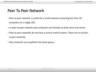 Sri Lanka-German Training InstituteDepartment of Information and Communication Technology
Peer To Peer Network
Peer to peer network is useful for a small network containing less than 10
computers on a single LAN .
In peer to peer network each computer can function as both client and server.
Peer to peer networks do not have a central control system. There are no servers
in peer networks.
Peer networks are amplified into home group.
11/23/2018 Introducing Basic Network Concepts 24
 