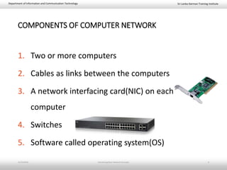 Sri Lanka-German Training InstituteDepartment of Information and Communication Technology
COMPONENTS OF COMPUTER NETWORK
1. Two or more computers
2. Cables as links between the computers
3. A network interfacing card(NIC) on each
computer
4. Switches
5. Software called operating system(OS)
11/23/2018 Introducing Basic Network Concepts 6
 
