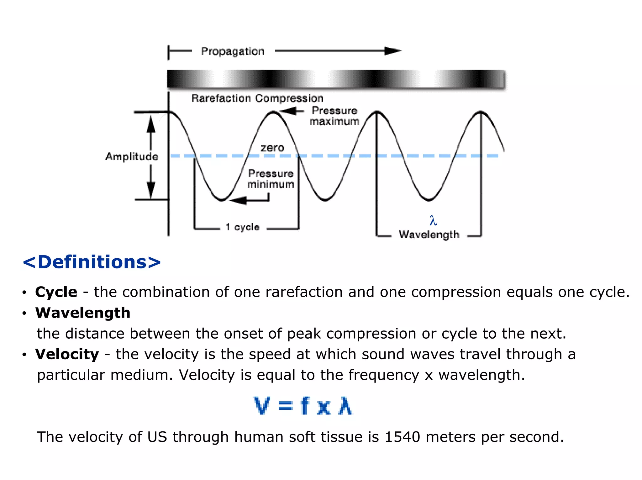 <Definitions>
• Cycle - the combination of one rarefaction and one compression equals one cycle.
• Wavelength
the distance between the onset of peak compression or cycle to the next.
• Velocity - the velocity is the speed at which sound waves travel through a
particular medium. Velocity is equal to the frequency x wavelength.
The velocity of US through human soft tissue is 1540 meters per second.
λ
 