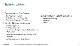 V1.00 | intern | BAT- Agile Architektur @PF | Dominik Wüst, Mustapha Bouaaoud, PostFinance
Inhaltsverzeichnis
1. Transformation PostFinance
᛫ Der Weg in die Agilität
᛫ Veränderung in der Architektur
᛫ Rahmenbedingungen / Prozesse
2. Von der Idee zur Umsetzung
᛫ Architektur planen
᛫ Architektur umsetzen
᛫ Enterprise Design – wie wir die PostFinance
Welt sehen
᛫ Artefakte/Architekturarbeit anhand eines
Beispiels
᛫ Architektur steuern – Entscheiden
3. Architektur in agile Organisation
᛫ Herausforderung
᛫ Nutzen
᛫ Fazit
2
07.03.2025 |
 