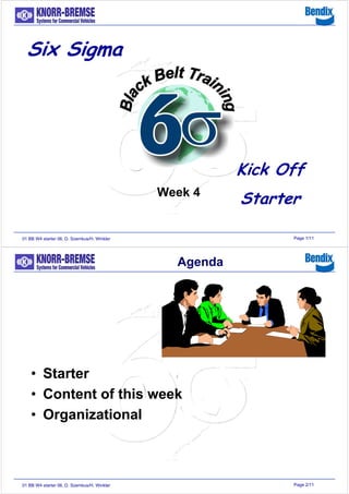 Page 1/1101 BB W4 starter 06, D. Szemkus/H. Winkler
Six Sigma
Kick Off
StarterWeek 4
Page 2/1101 BB W4 starter 06, D. Szemkus/H. Winkler
• Starter
• Content of this week
• Organizational
Agenda
 