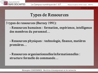 Collection les essentiels 
Institut Universitaire de Technologie / Campus numériqueInstitut Universitaire de Technologie / Campus numérique Le Campus numérique de l’ IUT  Responsable Odile Uzan,  MCFU 
Types de Ressources 
3 types de ressources (Barney 1991): 
­ Ressources humaines : formation, expérience, intelligence 
des membres du personnel… 
­ Ressources physiques : technologie, finance, matières 
premières… 
­ Ressources organisationnelles/informationnelles : 
structure formelle de commande… 
Bérangère CONDOMINES­  Monitrice d'enseignement et de recherche
 