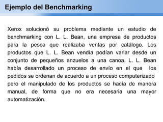 Ejemplo del Benchmarking


Xerox solucionó su problema mediante un estudio de
benchmarking con L. L. Bean, una empresa de productos
para la pesca que realizaba ventas por catálogo. Los
productos que L. L. Bean vendía podían variar desde un
conjunto de pequeños anzuelos a una canoa. L. L. Bean
había desarrollado un proceso de envío en el que los
pedidos se ordenan de acuerdo a un proceso computerizado
pero el manipulado de los productos se hacía de manera
manual, de forma que no era necesaria una mayor
automatización.
 