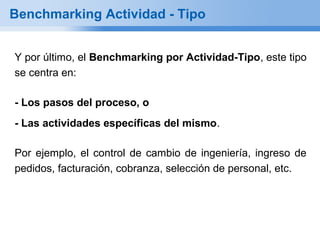 Benchmarking Actividad - Tipo


Y por último, el Benchmarking por Actividad-Tipo, este tipo
se centra en:

- Los pasos del proceso, o
- Las actividades específicas del mismo.

Por ejemplo, el control de cambio de ingeniería, ingreso de
pedidos, facturación, cobranza, selección de personal, etc.
 