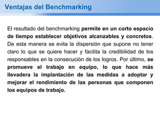 Ventajas del Benchmarking


El resultado del benchmarking permite en un corto espacio
de tiempo establecer objetivos alcanzables y concretos.
De esta manera se evita la dispersión que supone no tener
claro lo que se quiere hacer y facilita la credibilidad de los
responsables en la consecución de los logros. Por último, se
promueve el trabajo en equipo, lo que hace más
llevadera la implantación de las medidas a adoptar y
mejorar el rendimiento de las personas que componen
los equipos de trabajo.
 