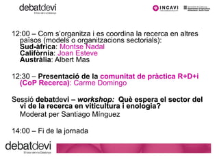 12:00 – Com s’organitza i es coordina la recerca en altres països (models o organitzacions sectorials): Sud-àfrica :  Montse Nadal Califòrnia :  Joan Esteve Austràlia : Albert Mas 12:30 –   Presentació de la  comunitat de pràctica R+D+i (CoP Recerca) : Carme Domingo Sessió  debat de vi –   workshop:  Què espera el sector del vi de la recerca en viticultura i enologia?   Moderat per Santiago Mínguez 14:00 – Fi de la jornada 