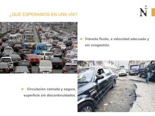 ¿QUÉ ESPERAMOS EN UNA VÍA?
◄ Tránsito fluido, a velocidad adecuada y
sin congestión.
► Circulación cómoda y segura,
superficie sin discontinuidades.
 