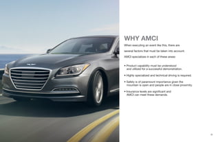WHY AMCI
When executing an event like this, there are
several factors that must be taken into account.
AMCI specializes in each of these areas:
• Product capability must be understood
and utilized for a successful demonstration.
• Highly specialized and technical driving is required.
• Safety is of paramount importance given the
mountain is open and people are in close proximity.
• Insurance levels are significant and
AMCI can meet these demands.
{2}
 