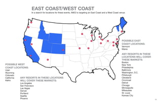 {7}
POSSIBLE EAST
COAST LOCATIONS:
Vermont
Maine
POSSIBLE WEST
COAST LOCATIONS:
Utah
Wyoming
Colorado
California
Idaho
ANY RESORTS IN THESE LOCATIONS
WILL COVER THESE MARKETS:
Los Angeles
San Francisco
Las Vegas
Denver
Portland
Seattle
Phoenix
ANY RESORTS IN THESE
LOCATIONS WILL COVER
THESE MARKETS:
Boston
New York
Philadelphia
Baltimore
Washington, D.C.
Pittsburgh
Cleveland
Cincinnati
Detroit
Chicago
Minneapolis
Milwaukee
St. Louis
Kansas City
EAST COAST/WEST COAST
In a search for locations for these events, AMCI is targeting an East Coast and a West Coast venue.
 