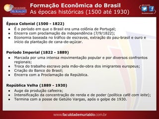 Formação Econômica do Brasil
As épocas históricas (1500 até 1930)
Época Colonial (1500 - 1822)
● É o período em que o Brasil era uma colônia de Portugal;
● Encerra com proclamação da independência (7/9/1822);
● Economia baseada no tráfico de escravos, extração do pau-brasil e ouro e
início da plantação de cana-de-açúcar.
Período Imperial (1822 - 1889)
● Marcada por uma intensa movimentação popular e por diversos confrontos
regionais;
● Troca do trabalho escravo pela mão-de-obra dos imigrantes europeus;
● Criação do Banco do Brasil;
● Encerra com a Proclamação da República.
República Velha (1889 - 1930)
● Auge da produção cafeeira;
● Intensificação da concentração de renda e de poder (política café com leite);
● Termina com a posse de Getúlio Vargas, após o golpe de 1930.
 