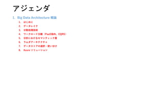 1. Big Data Architecture 概論
1. はじめに
2. データレイク
3. 分散処理技術
4. ワークロード分離（PaaS指向、CQRS）
5. 分析におけるセマンティック層
6. ラムダアーキテクチャ
7. データストアの選択・使い分け
8. Azure ソリューション
アジェンダ
 