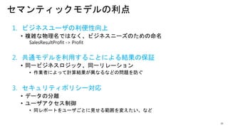 25
セマンティックモデルの利点
1. ビジネスユーザの利便性向上
• 複雑な物理名ではなく、ビジネスニーズのための命名
SalesResultProfit -> Profit
2. 共通モデルを利用することによる結果の保証
• 同一ビジネスロジック、同一リレーション
• 作業者によって計算結果が異なるなどの問題を防ぐ
3. セキュリティポリシー対応
• データの分離
• ユーザアクセス制御
• 同レポートをユーザごとに見せる範囲を変えたい、など
 