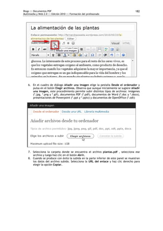 Blogs ::: Documentos PDF                                                               182
Multimedia y Web 2.0 ::: Edición 2010 ::: Formación del profesorado




    6. En el cuadro de diálogo Añadir una imagen elige la pestaña Desde el ordenador y
       pulsa en el botón Elegir archivos. Observa que aunque inicialmente se sugiere Añadir
       una imagen, este procedimiento permite subir distintos tipos de archivos: imágenes
       (*.jpg, *.png y *.gif), documentos PDF (*.pdf), documentos de Word (*.doc y *.docx),
       presentaciones de Powerpoint (*.ppt y *.pptx) y documentos de OpenOffice (*.odt)




    7. Selecciona la carpeta donde se encuentra el archivo plantas.pdf , selecciona ese
       archivo y luego haz clic en el botón Abrir.
    8. Cuando se produce con éxito la subida en la parte inferior de este panel se muestran
       los datos del archivo subido. Selecciona la URL del enlace y haz clic derecho para
       elegir la opción Copiar.
 
