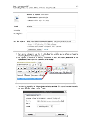 Blogs ::: Documentos PDF
Multimedia y Web 2.0 ::: Edición 2010 ::: Formación del profesorado
183
9. Para cerrar este panel haz clic el botón Guardar cambios que se ofrece en la parte
inferior y haz clic fuera de este panel.
10. De regreso al editor de la entrada selecciona el texto PDF sobre Anatomía de las
plantas y pulsa en el botón Insertar/Editar enlace.
11. Se muestra el cuadro de diálogo Insertar/Editar enlace. Clic derecho sobre el cuadro
de texto URL del enlace y elige Pegar.
ç
 