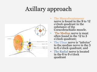 Axillary approach
• The Musculocutaneous
nerve is found in the 9 to 12
o’clock quadrant in the
substance of the
Coracobrachialis muscle.
• The Median nerve is most
often found in the 12 to 3
o’clock quadrant;
• The Ulnar nerve is “inferior”
to the median nerve in the 3
to 6 o’clock quadrant; and
• The Radial nerve is located
in the 6 to 9 o’clock
quadrant
 