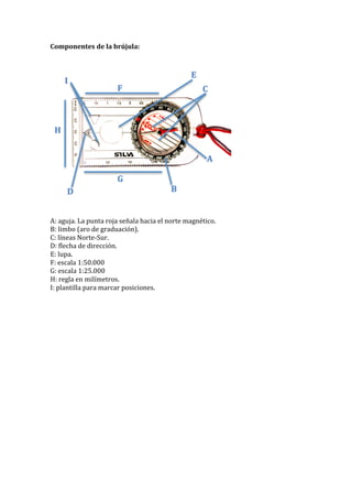Componentes	
  de	
  la	
  brújula:	
  	
  
	
  
	
  
	
  
	
  
	
  
A:	
  aguja.	
  La	
  punta	
  roja	
  señala	
  hacia	
  el	
  norte	
  magnético.	
  	
  
B:	
  limbo	
  (aro	
  de	
  graduación).	
  	
  
C:	
  líneas	
  Norte-­‐Sur.	
  	
  
D:	
  flecha	
  de	
  dirección.	
  	
  
E:	
  lupa.	
  	
  
F:	
  escala	
  1:50.000	
  
G:	
  escala	
  1:25.000	
  
H:	
  regla	
  en	
  milímetros.	
  	
  
I:	
  plantilla	
  para	
  marcar	
  posiciones.	
  	
  
	
  
	
  
	
  
	
  
	
  
	
  
	
  
	
  
	
  
	
  
 