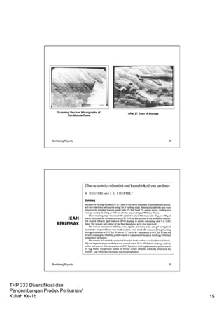 THP 333 Diversifikasi dan
Pengembangan Produk Perikanan/
Kuliah Ke-1b 15
Bambang Riyanto 29
Scanning Electron Micrographs of
Fish Muscle Tissue
After 21 Days of Storage
IKAN
BERLEMAK
Bambang Riyanto 30
 
