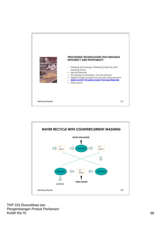 THP 333 Diversifikasi dan
Pengembangan Produk Perikanan/
Kuliah Ke-1b 66
PROCESSING TECHNOLOGIES THAT ENHANCE
EFFICIENCY AND PROFITABILITY
•  Freezing Technology (Freezing Capacity and
Freezing Time)
•  Neural Network
•  Processing Automation: On-line Sensors
•  Digital Image Analysis For Impurity Measurement
•  INNOVATIVE TECHNOLOGIES FOR WASTEWATER
•  Fresh Surimi
Bambang Riyanto 131
WATER RECYCLE WITH COUNTERCURRENT WASHING
1st
Wash DEWATER
2nd
Wash
DEWATERDEWATER
3rd
Wash
SURIMI
FRESH WATER
WASTE DISCHARGE
Bambang Riyanto 132
 