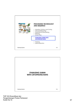 THP 333 Diversifikasi dan
Pengembangan Produk Perikanan/
Kuliah Ke-1b 67
PROCESSING TECHNOLOGY
AND SEQUENCE
•  Heading, Gutting, and Cutting
•  Mincing (Deboning)
•  Washing and Dewatering.
•  Refining
•  Screw Press
•  STABILIZING SURIMI WITH
CRYOPROTECTANTS
•  Freezing
•  Metal Detection
Bambang Riyanto 133
STABILIZING SURIMI
WITH CRYOPROTECTANTS
Bambang Riyanto 134
 