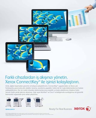 Farklı cihazlardan iş akışınızı yönetin.
Xerox ConnectKey®
ile işinizi kolaylaştırın.
xerox.com.tr
© 2014 XEROX CORPORATION. Bütün hakları saklıdır. Xerox®, Küre Sembolü®, ConnectKey® ve Ready For Real Business®
XEROX CORPORATION’ın ABD ve/veya diğer ülkelerdeki tescilli markalarıdır. Yukarıda geçen tüm diğer logolar, tescilli markalar ve servis
markaları kendi sahiplerinin mülkiyetindedir.
Artık, ağdan kopmadan güvenle ve kolayca çalışabilirsiniz. ConnectKey®
uygulamaları ve Xerox çok
fonksiyonlu yazıcınızla çıktı alabilir, tarama, arşivleme yapabilir, hatta tek bir tuşla dokümanlarınızı buluta
yükleyebilirsiniz. Her tür mobil cihazdan dokümanlarınıza erişebilir ve baskı alabilirsiniz; böylece hiçbir
zaman hiçbir yerde işleriniz aksamaz. Çığır açan McAfee®
ve Cisco®
ortaklığımızla sunduğumuz ek güvenlik
katmanları sayesinde içiniz rahat çalışırsınız.
 