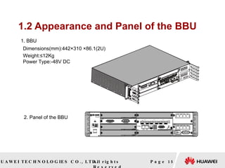 1.2 Appearance and Panel of the BBU Page  1. BBU  2. Panel of the BBU   Dimensions(mm):442×310 ×86.1(2U)   Weight:≤12Kg Power Type:-48V DC 