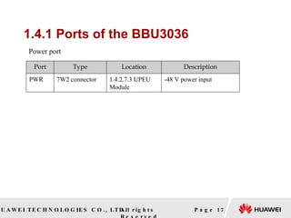 1.4.1 Ports of the BBU3036 Page    Power port Port Type Location Description PWR 7W2 connector 1.4.2.7.3 UPEU Module -48 V power input 