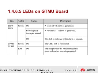 1.4.6.5 LEDs on GTMU Board Page  LED Color Status Description LIU0– LIU3 Green On A local E1/T1 alarm is generated. Blinking four  times per second A remote E1/T1 alarm is generated. Off This link is not used or the alarm is cleared. CPRI0– CPRI5 Green On The CPRI link is functional. Red On The reception of the optical module is  abnormal and an alarm is generated. 