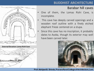 Barabar hill caves
• One of them, the Lomas Rishi Cave, is
incomplete.
• This cave has deeply carved openings and a
wooden roof outline with a finely etched
elephant frieze centered on a stupa.
• Since this cave has no inscription, it probably
dates to Asoka, though its exterior may well
have been carved later.
BUDDHIST ARCHITECTURE
Prof.AbhijeetB. Shinde,PravaraRuralCollege ofArchitecture,Loni
External Elevation:Lomas Rishi Cave
 