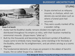 BUDDHIST ARCHITECTURE
Prof.AbhijeetB. Shinde,PravaraRuralCollege ofArchitecture,Loni
STUPAS
• Stupas started out as reliquary
mounds, or chaityas, which can
denote any sacred place such as
where a funeral pyre had
occurred;
• They were usually marked off by
a wooden railing.
• Asoka had the Buddha’s bodily remains divided into eight parts and
distributed throughout his empire as relics, with their location marked by
ceremonial mounds. (Stupa means “piled up.”)
• Built by the thousands and becoming the dominant symbol of Buddhism,
stupas came to embody many meanings, some standing in for the body of
the Buddha, others for his enlightenment, and yet others serving as a cosmic
diagram.
• The fundamental elements of a stupa are present in the oldest of Sanchi’s
stupas, the so-called Stupa II (ca. 100 BCE).
Stupa II at Sanchi
 