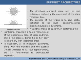 The idea of the stupa
BUDDHIST ARCHITECTURE
Prof.AbhijeetB. Shinde,PravaraRuralCollege ofArchitecture,Loni
• The directions represent space, and the bent
entrances, replicating the movement of the stars,
represent time.
• The purpose of the vedika is to give spatial
definition to the ritual counterclockwise
circumambulation of parikrama.
• A Buddhist monk, or a pilgrim, in performing the
• parikrama, engages in a haptic reenactment
of the fundamental order of space and time,
and in the process, brings his or her body
into harmony with that larger order.
• In Buddhism, as in Hinduism, parikrama,
along with the mandala and the svastika
(totally unrelated to its Nazi appropriation),
are still fundamental to architectural
expression.
 