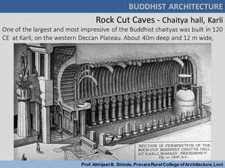 Rock Cut Caves - Chaitya hall, Karli
BUDDHIST ARCHITECTURE
Prof.AbhijeetB. Shinde,PravaraRuralCollege ofArchitecture,Loni
One of the largest and most impressive of the Buddhist chaityas was built in 120
CE at Karli, on the western Deccan Plateau. About 40m deep and 12 m wide,
 