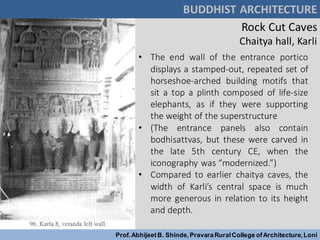 Rock Cut Caves
Chaitya hall, Karli
BUDDHIST ARCHITECTURE
Prof.AbhijeetB. Shinde,PravaraRuralCollege ofArchitecture,Loni
• The end wall of the entrance portico
displays a stamped-out, repeated set of
horseshoe-arched building motifs that
sit a top a plinth composed of life-size
elephants, as if they were supporting
the weight of the superstructure
• (The entrance panels also contain
bodhisattvas, but these were carved in
the late 5th century CE, when the
iconography was “modernized.”)
• Compared to earlier chaitya caves, the
width of Karli’s central space is much
more generous in relation to its height
and depth.
 