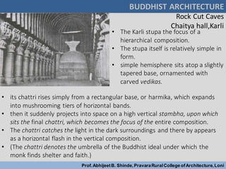 Rock Cut Caves
Chaitya hall,Karli
BUDDHIST ARCHITECTURE
Prof.AbhijeetB. Shinde,PravaraRuralCollege ofArchitecture,Loni
• The Karli stupa the focus of a
hierarchical composition.
• The stupa itself is relatively simple in
form.
• simple hemisphere sits atop a slightly
tapered base, ornamented with
carved vedikas.
• its chattri rises simply from a rectangular base, or harmika, which expands
into mushrooming tiers of horizontal bands.
• then it suddenly projects into space on a high vertical stambha, upon which
sits the final chattri, which becomes the focus of the entire composition.
• The chattri catches the light in the dark surroundings and there by appears
as a horizontal flash in the vertical composition.
• (The chattri denotes the umbrella of the Buddhist ideal under which the
monk finds shelter and faith.)
 