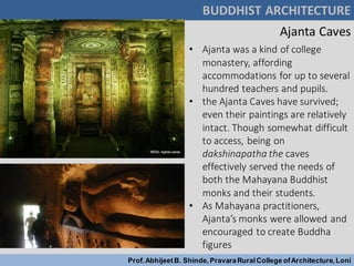 BUDDHIST ARCHITECTURE
Prof.AbhijeetB. Shinde,PravaraRuralCollege ofArchitecture,Loni
• Ajanta was a kind of college
monastery, affording
accommodations for up to several
hundred teachers and pupils.
• the Ajanta Caves have survived;
even their paintings are relatively
intact. Though somewhat difficult
to access, being on
dakshinapatha the caves
effectively served the needs of
both the Mahayana Buddhist
monks and their students.
• As Mahayana practitioners,
Ajanta’s monks were allowed and
encouraged to create Buddha
figures
Ajanta Caves
 