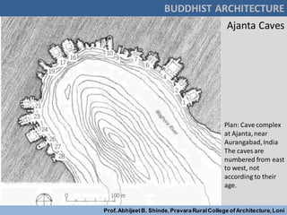 BUDDHIST ARCHITECTURE
Prof.AbhijeetB. Shinde,PravaraRuralCollege ofArchitecture,Loni
Ajanta Caves
Plan: Cave complex
at Ajanta,near
Aurangabad,India
The caves are
numbered from east
to west, not
according to their
age.
 