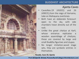 BUDDHIST ARCHITECTURE
Prof.AbhijeetB. Shinde,PravaraRuralCollege ofArchitecture,Loni
• CavesNos.19 (450CE) and 26
(490CE),from the reign of Harisena,
take on Mahayana overtones.
• Both have an elaborate forecourt
open to the sky, with side
chambers hewn directly out of the
rock.
• Unlike the great chaitya at Karli,
whose entrance replicates a
wooden assemblage of chaityas,
these are covered by large and
small Buddha figurines and stupas.
• No longer imitation-wood stage
sets, they are symbolic entities in
themselves.
Ajanta Caves
Facade, Cave 19, Ajanta
 