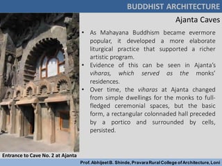 BUDDHIST ARCHITECTURE
Prof.AbhijeetB. Shinde,PravaraRuralCollege ofArchitecture,Loni
• As Mahayana Buddhism became evermore
popular, it developed a more elaborate
liturgical practice that supported a richer
artistic program.
• Evidence of this can be seen in Ajanta’s
viharas, which served as the monks’
residences.
• Over time, the viharas at Ajanta changed
from simple dwellings for the monks to full-
fledged ceremonial spaces, but the basic
form, a rectangular colonnaded hall preceded
by a portico and surrounded by cells,
persisted.
Ajanta Caves
Entrance to Cave No. 2 at Ajanta
 