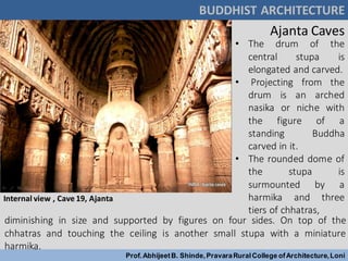 • The drum of the
central stupa is
elongated and carved.
• Projecting from the
drum is an arched
nasika or niche with
the figure of a
standing Buddha
carved in it.
• The rounded dome of
the stupa is
surmounted by a
harmika and three
tiers of chhatras,
Internal view , Cave 19, Ajanta
BUDDHIST ARCHITECTURE
Prof.AbhijeetB. Shinde,PravaraRuralCollege ofArchitecture,Loni
diminishing in size and supported by figures on four sides. On top of the
chhatras and touching the ceiling is another small stupa with a miniature
harmika.
Ajanta Caves
 