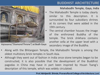 BUDDHIST ARCHITECTURE
Prof.AbhijeetB. Shinde,PravaraRuralCollege ofArchitecture,Loni
Mahabodhi Temple, Gaya, India
• Along with the Bhitargaon Temple, the Mahabodhi Temple is among the
oldest multistory brick temples in South Asia.
• Although they went out of fashion in India once stone temples began to be
constructed, it is also possible that the development of the Buddhist
pagodas in China may have in part been inspired by Hsuan Tsang’s
description of this temple, which was widely circulated.
Vajrasana(“DiamondThrone”) at Bodh Gaya
• The Mahabodhi Temple is today clearly
similar to this description. It is
surrounded by four subsidiary shrines
at its corners that were added in the
19th century.
• The central chamber houses the image
of the enthroned Buddha of the
temple. The brick shikhara contains
another cella at the upper level with a
secondary image of the Buddha.
 