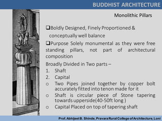 Monolithic Pillars
Boldly Designed, Finely Proportioned &
conceptually well balance
Purpose Solely monumental as they were free
standing pillars, not part of architectural
composition
Broadly Divided in Two parts –
1. Shaft
2. Capital
o Two Pipes joined together by copper bolt
accurately fitted into tenon made for it
o Shaft is circular piece of Stone tapering
towardsupperside(40-50ft long )
o Capital Placed on top of tapering shaft
BUDDHIST ARCHITECTURE
Prof.AbhijeetB. Shinde,PravaraRuralCollege ofArchitecture,Loni
 