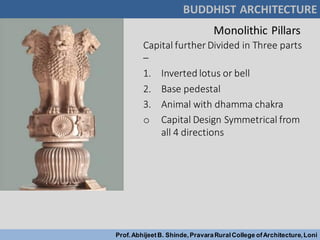 Monolithic Pillars
Capital further Divided in Three parts
–
1. Inverted lotus or bell
2. Base pedestal
3. Animal with dhamma chakra
o Capital Design Symmetrical from
all 4 directions
BUDDHIST ARCHITECTURE
Prof.AbhijeetB. Shinde,PravaraRuralCollege ofArchitecture,Loni
 