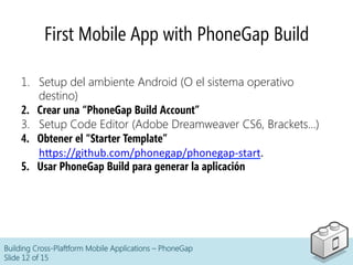 Building Cross-Plaftform Mobile Applications – PhoneGap
Slide 12 of 15
First Mobile App with PhoneGap Build
1.  Setup del ambiente Android (O el sistema operativo
destino)
2.  Crear una “PhoneGap Build Account”
3.  Setup Code Editor (Adobe Dreamweaver CS6, Brackets…)
4.  Obtener el “Starter Template”
h5ps://github.com/phonegap/phonegap-­‐start.	
  
5.  Usar PhoneGap Build para generar la aplicación
 