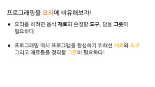 프로그래밍을 요리에 비유해보자!
● 요리를 하려면 음식 재료와 손질할 도구, 담을 그릇이
필요하다.
● 프로그래밍 역시 프로그램을 완성하기 위해선 재료와 도구
그리고 재료들을 정리할 그릇이 필요하다!
 