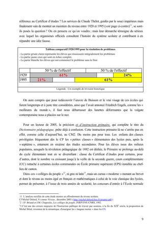 9
référence au Certificat d’études ? Les services de Claude Thélot, guidés par le souci impérieux mais
finalement vain de montrer un maintien du niveau entre 1920 et 1995 (voir page ci-contre)11
, se sont-
ils posés la question ? On en pensera ce qu’on voudra ; mais leur démarche témoigne du sérieux
avec lequel les organismes officiels consultent l’histoire du système scolaire et contribuent à en
répandre une idée fausse.
Tableau comparatif 1920/1995 pour la résolution de problèmes
- La partie grisée claire représente les élèves qui réussissent intégralement les problèmes
- La partie jaune ceux qui sont en échec complet,
- La partie blanche les élèves qui ont commencé le problème sans le finir.
50 % de l'effectif 50 % de l'effectif
1920 61% 24%
1995 21% 61%
Légende : Un exemple de révision historique
On aura compris que pour redécouvrir l’œuvre de Buisson et le vrai visage de ces écoles qui
furent longtemps et à juste titre considérées, ainsi que l’avait annoncé Friedrich Engels, comme les «
meilleures du monde », il faut nous débarrasser des lunettes déformantes que la vulgate
contemporaine nous a placées sur le nez.
Pour un lecteur de 2005, la précision et d’instruction primaire, qui complète le titre du
Dictionnaire pédagogique, prête déjà à confusion. Cette instruction primaire-là ne s’arrête pas en
effet, comme celle d’aujourd’hui, au CM2. Du moins pas pour tous. Les enfants des classes
privilégiées fréquentent dès le CP les « petites classes » élémentaires des lycées puis, après la
« septième », entament en sixième des études secondaires. Pour les élèves issus des milieux
populaires, auxquels la révolution pédagogique de 1882 est dédiée, le Primaire se prolonge au-delà
du cycle élémentaire tout en se diversifiant : classe du Certificat d’études pour certains, pour
d’autres, dont le nombre va croissant jusqu’à la veille de la seconde guerre, cours complémentaire
(CC) rattaché à certaines écoles communales ou École primaire supérieure (EPS) installée au chef-
lieu de canton.
Dans ces «collèges du peuple »12
, ni grec ni latin13
, mais un cursus « moderne » menant au brevet
et dont le niveau au moins égal en français et mathématiques à celui de la voie classique des lycées,
permet de présenter, à l’issue de trois années de scolarité, les concours d’entrée à l’École normale
11 L’analyse rectifiée de cette étude montre un effondrement du niveau scolaire.
Cf Michel Delord, N comme Niveau , décembre 2003 ( http://michel.delord.free.fr/propter.pdf )
1
2 J.P. Briand et J.M. Chapoulie, Les collèges du peuple, INRP/ENS /CNRS, 1992.
1
3 C'est une des erreurs majeures de l'Instruction publique de n'avoir pas soutenu, à la fin du XIX
e
siècle, la proposition de
Michel Bréal, inventeur de la sémantique, d'enseigner les « langues mortes » dans les EN.
 