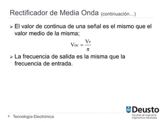 Tecnología Electrónica
Rectificador de Media Onda (continuación…)
 El valor de continua de una señal es el mismo que el
valor medio de la misma;
 La frecuencia de salida es la misma que la
frecuencia de entrada.
π
V
V
P
DC 
 