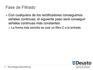 Tecnología Electrónica
Fase de Filtrado
 Con cualquiera de los rectificadores conseguimos
señales continuas; el siguiente paso será conseguir
señales continuas más constantes.
 La forma más sencilla es usar un filtro C a la entrada.
 