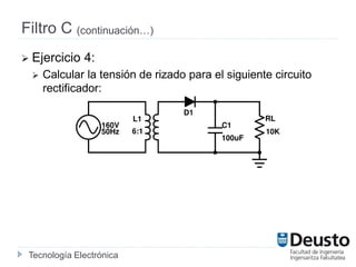 Tecnología Electrónica
Filtro C (continuación…)
 Ejercicio 4:
 Calcular la tensión de rizado para el siguiente circuito
rectificador:
 