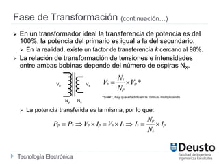 Tecnología Electrónica
Fase de Transformación (continuación…)
 En un transformador ideal la transferencia de potencia es del
100%; la potencia del primario es igual a la del secundario.
 En la realidad, existe un factor de transferencia k cercano al 98%.
 La relación de transformación de tensiones e intensidades
entre ambas bobinas depende del número de espiras NX.
 La potencia transferida es la misma, por lo que:
*p
p
s
s V
N
N
V 
*Si k≠1, hay que añadirlo en la fórmula multiplicando
p
s
p
sssppsp I
N
N
IIVIVPP 
Np Ns
Vp Vs
 