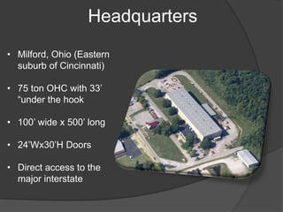 Headquarters
• Milford, Ohio (Eastern
suburb of Cincinnati)
• 75 ton OHC with 33’
“under the hook
• 100’ wide x 500’ long
• 24’Wx30’H Doors
• Direct access to the
major interstate
 